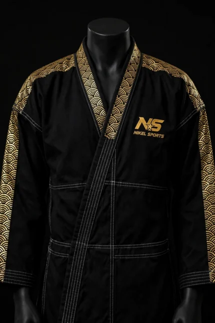 Premium Gold Foil BJJ Gi Black Gold Front View - Seigaiha Wave Gold Foil Pattern - GI Atelier - Premium Gold Foil Collection Limited Edition - Nikel Sports Sialkot Pakistan