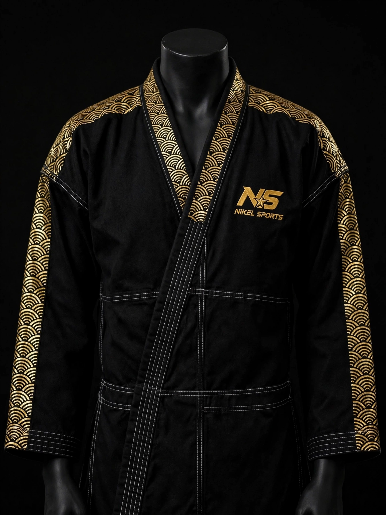 Karate-Gi-Gold-Foil-Collection-Front-NS-Nikel-Sports-Limited-Edition Premium Gold Foil BJJ Gi Black Gold Front View - Seigaiha Wave Gold Foil Pattern - GI Atelier - Premium Gold Foil Collection Limited Edition - Nikel Sports Sialkot Pakistan