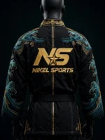 embroidered bjj gi black ocean wave back view large gold NS NIKEL SPORTS logo teal tsunami wave yoke full sleeves