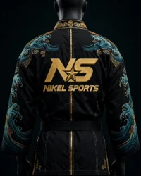 embroidered bjj gi black ocean wave back view large gold NS NIKEL SPORTS logo teal tsunami wave yoke full sleeves