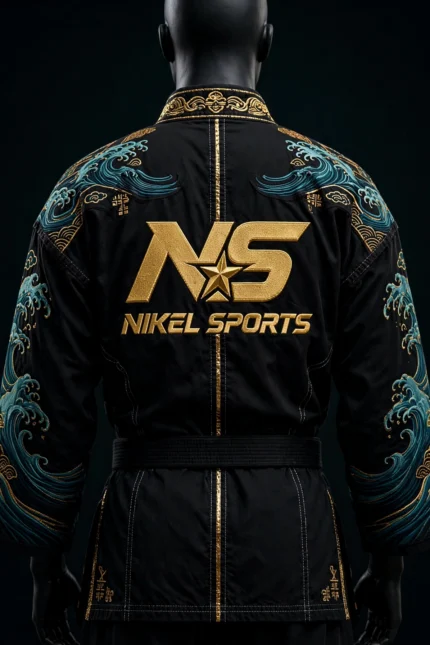 embroidered bjj gi black ocean wave back view large gold NS NIKEL SPORTS logo teal tsunami wave yoke full sleeves