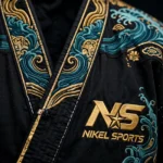 embroidered bjj gi black ocean wave collar close up gold NS NIKEL SPORTS logo teal gold wave embroidery detail