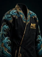 embroidered bjj gi black ocean wave front view teal gold tsunami waves full sleeves gold NS logo collar