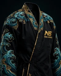 embroidered bjj gi black ocean wave front view teal gold tsunami waves full sleeves gold NS logo collar