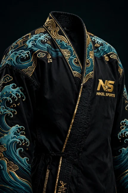 embroidered bjj gi black ocean wave front view teal gold tsunami waves full sleeves gold NS logo collar