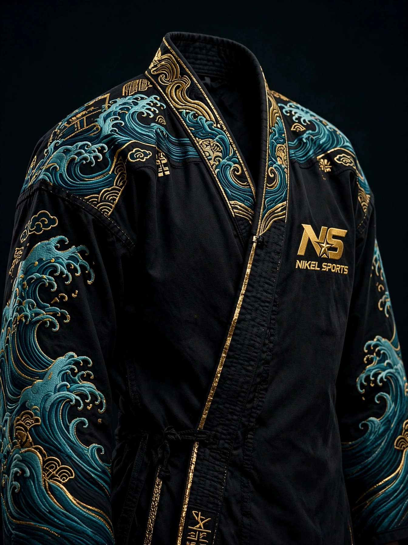 Embroidered BJJ Gi Black Ocean Wave Front - Teal Gold Tsunami Sleeves - Nikel Sports embroidered bjj gi black ocean wave front view teal gold tsunami waves full sleeves gold NS logo collar