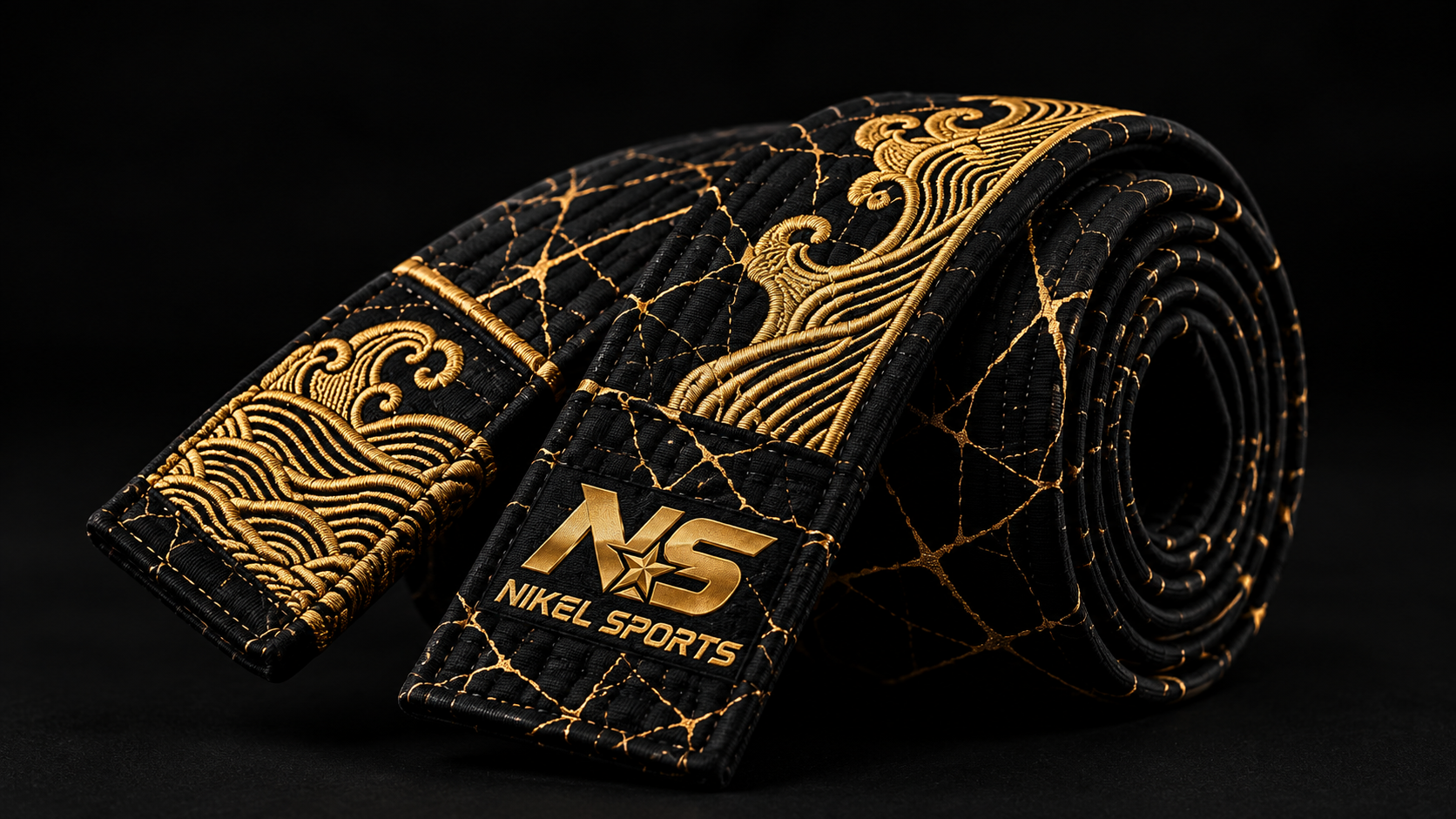 Embroidered Black Belt Gold Kintsugi Wave Premium - Gold Crackle Black Belt NS Logo - Nikel Sports embroidered black belt gold kintsugi