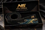 custom embroidered black belt teal gold ocean wave luxury box premium view gold galaxy splatter teal wave embroidery inside black box