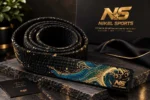 custom embroidered black belt teal gold ocean wave lifestyle premium view gold galaxy splatter teal wave embroidery NS logo