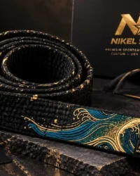 custom embroidered black belt teal gold ocean wave lifestyle premium view gold galaxy splatter teal wave embroidery NS logo