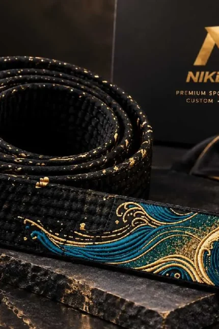 custom embroidered black belt teal gold ocean wave lifestyle premium view gold galaxy splatter teal wave embroidery NS logo