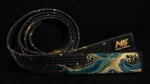 custom embroidered black belt teal gold ocean wave rolled premium view gold galaxy dust splatter teal wave embroidery NS logo