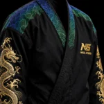 gold foil bjj gi black dragon rainbow wave front view gold dragon sleeves rainbow seigaiha collar NS logo