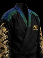 gold foil bjj gi black dragon rainbow wave front view gold dragon sleeves rainbow seigaiha collar NS logo