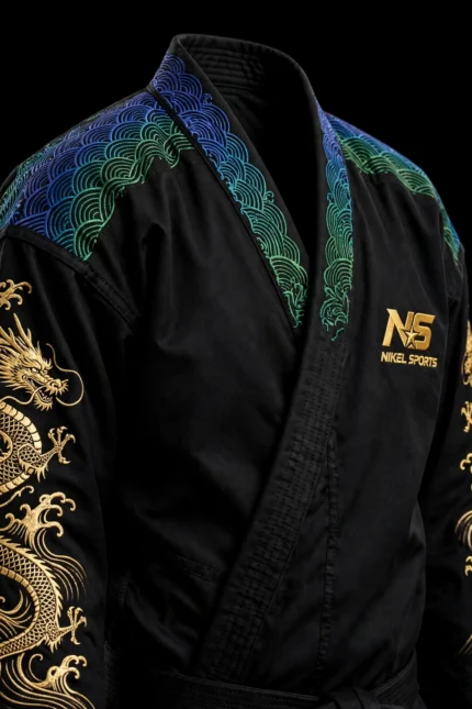 gold foil bjj gi black dragon rainbow wave front view gold dragon sleeves rainbow seigaiha collar NS logo