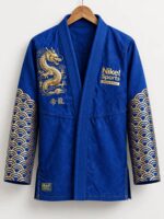 gold foil bjj gi blue dragon kanji ibjjf legal royal blue front view