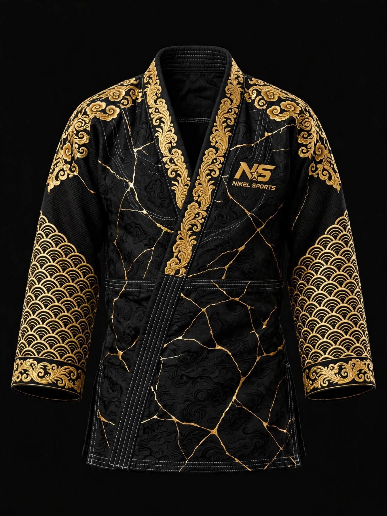 Gold Foil BJJ Gi Kintsugi Emperor Front - Nikel Sports Black Gold gold foil bjj gi kintsugi emperor black gold crack baroque design front