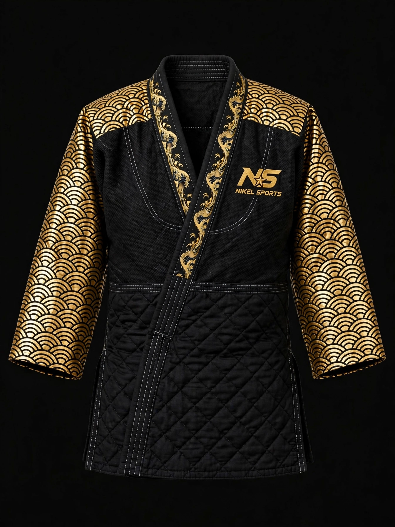 Gold Foil Judo Gi Nami Wave Master Edition Front - Nikel Sports gold foil judo gi nami wave front view black gold