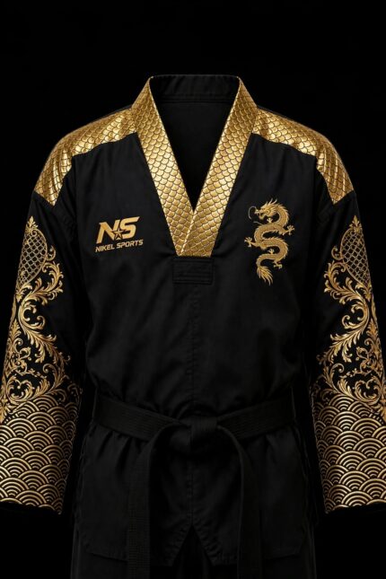 gold foil taekwondo dobok black dragon