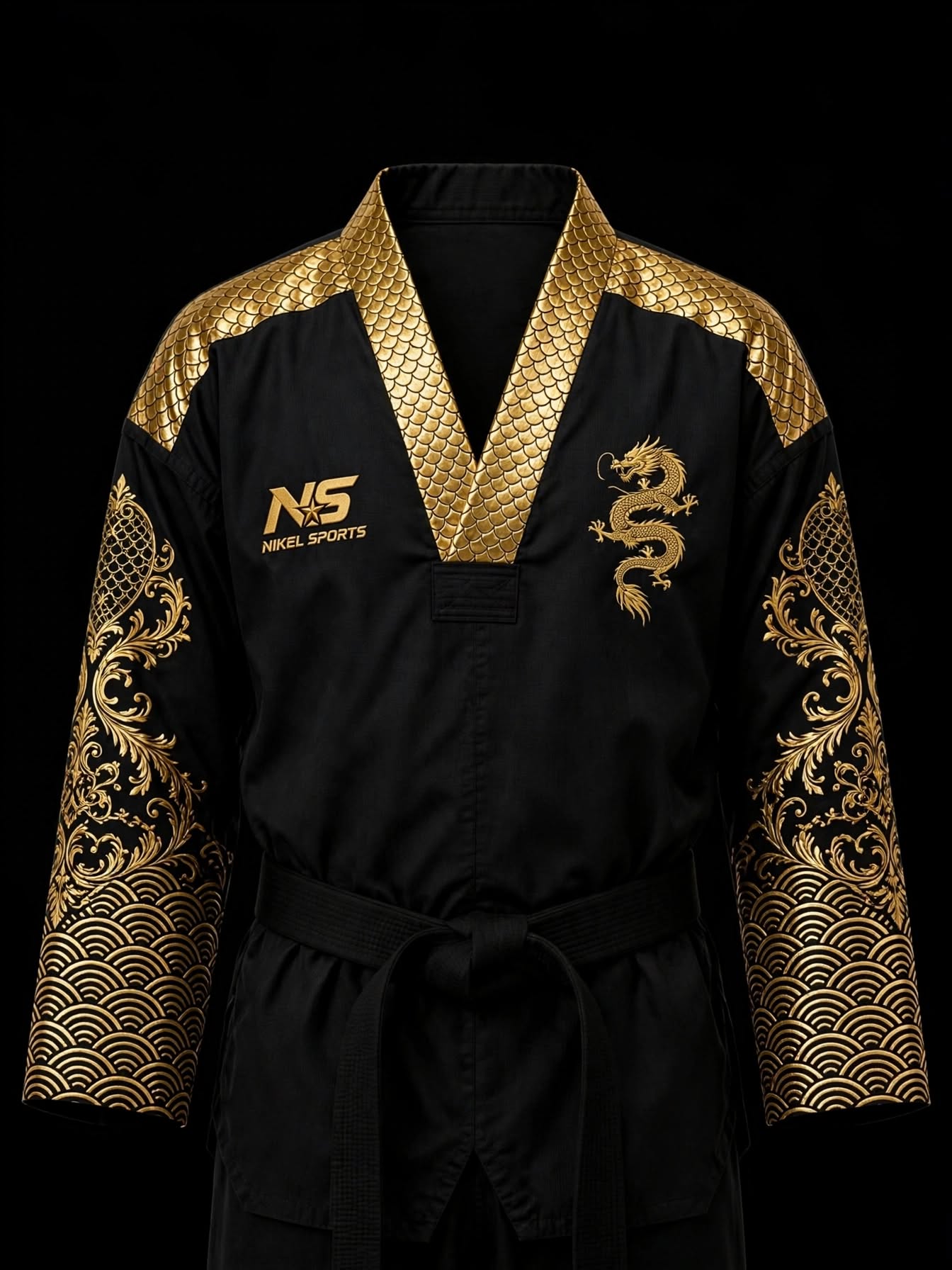 nikel-sports-gold-foil-taekwondo-dobok-black-dragon gold foil taekwondo dobok black dragon