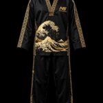 gold foil taekwondo dobok black nami wave great wave front view black gold seigaiha wave pattern