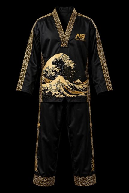 gold foil taekwondo dobok black nami wave great wave front view black gold seigaiha wave pattern