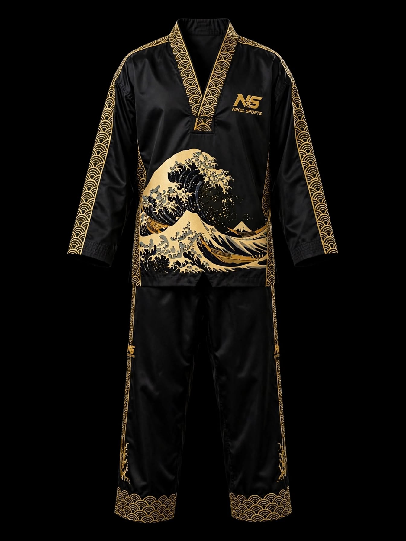 Gold Foil Taekwondo Dobok Black Nami Wave Great Wave Front - Nikel Sports gold foil taekwondo dobok black nami wave great wave front view black gold seigaiha wave pattern