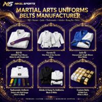 Martial arts uniforms belts manufacturer Sialkot Pakistan - Nikel Sports BJJ Gi Karate Gi Judo Gi Taekwondo Aikido Kung Fu belts factory