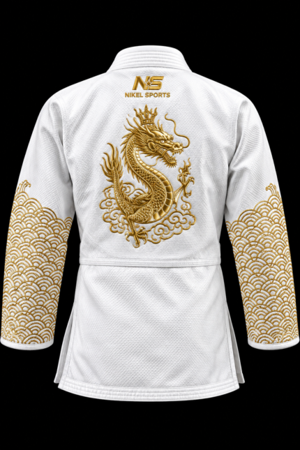 gold foil bjj gi white dragon back view white