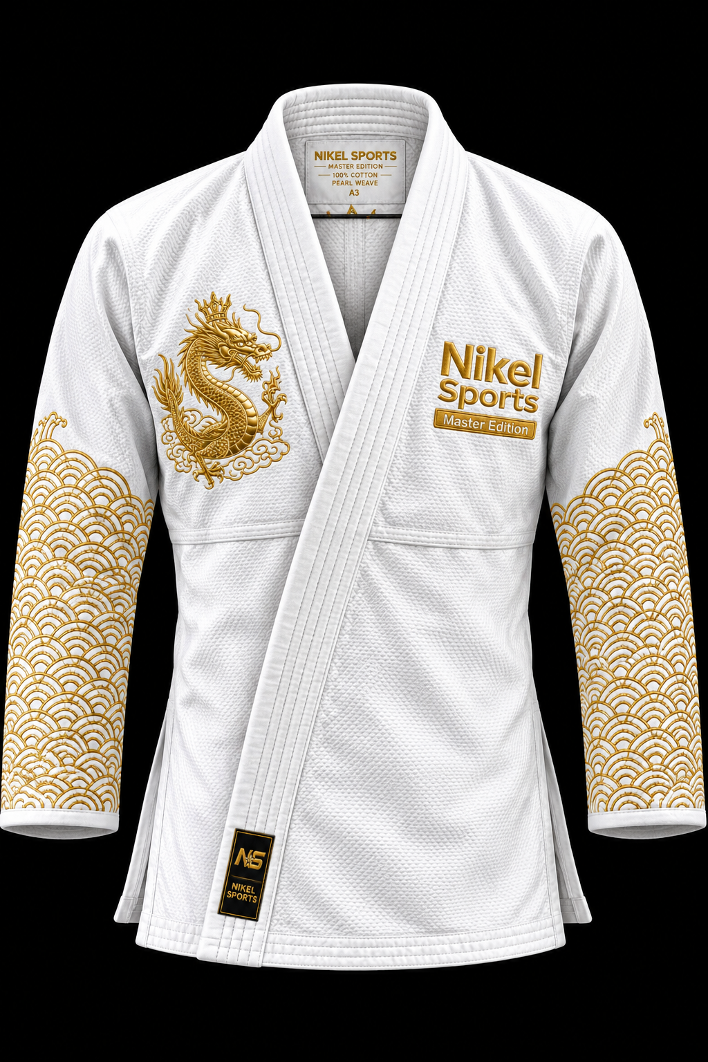 Gold Foil BJJ Gi White Dragon Emperor Front - Nikel Sports gold foil bjj gi white dragon front view white