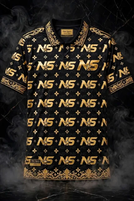 Premium Black Gold Edition Polo Shirt Team Atelier NS Star Monogram 24K Gold Foil Front View - Teamwear Gold Foil Collection Premium Edition - Nikel Sports Sialkot Teamwear Manufacturer