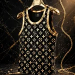 Premium Black Gold Edition Tank Top Movement Atelier NS Monogram 24K Gold Foil Front View Hanging Gold Hanger Luxury Activewear - Movement Atelier by Nikel Sports Sialkot Custom Activewear Manufacturer
