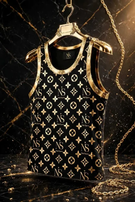 Premium Black Gold Edition Tank Top Movement Atelier NS Monogram 24K Gold Foil Front View Hanging Gold Hanger Luxury Activewear - Movement Atelier by Nikel Sports Sialkot Custom Activewear Manufacturer