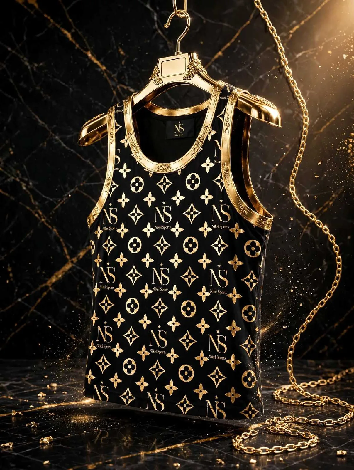 premium-black-gold-edition-tank-top-monogram-24k-gold-foil-front-hanging-combat-atelier-nikel-sports-01-1600px-8k-ultra-hd Premium Black Gold Edition Tank Top Movement Atelier NS Monogram 24K Gold Foil Front View Hanging Gold Hanger Luxury Activewear - Movement Atelier by Nikel Sports Sialkot Custom Activewear Manufacturer