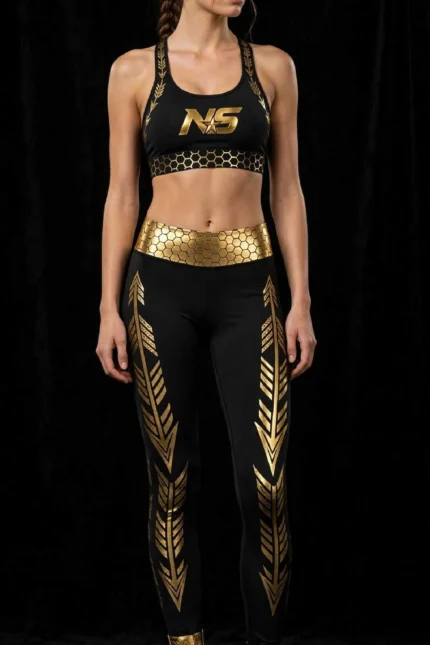 premium gold foil gym set movement atelier design 01 arrow feather gold sports bra leggings