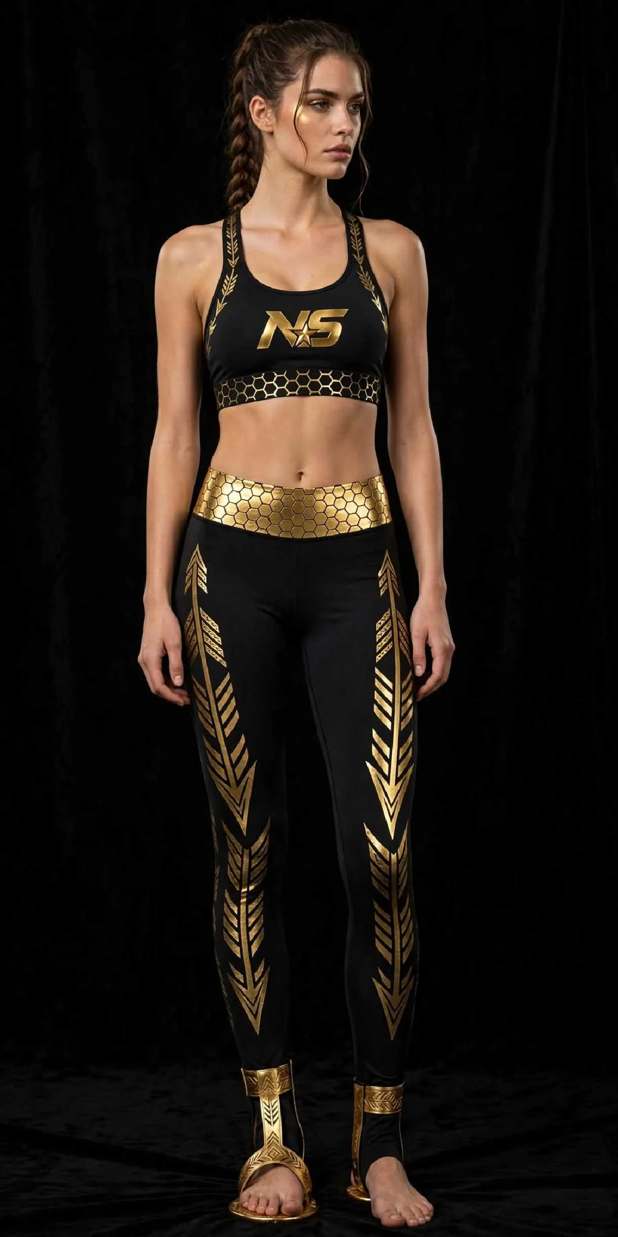 Design 01 Arrow Feather Gold - Premium Gold Foil Gym Set Movement Atelier - NS Luxe Collection premium gold foil gym set movement atelier design 01 arrow feather gold sports bra leggings