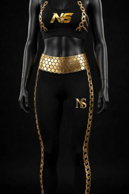 Premium Gold Foil Gym Set Movement Atelier Design 02 Gold Chain Strap Honeycomb Waist Leggings Luxury Chain Edition