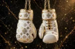 Premium White Gold Edition Boxing Gloves Back View Showing Lace Up Closure Gold Laces Monogram Pattern - Black Marble Background - Combat Atelier