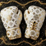 Premium White Gold Edition Boxing Gloves Flat Lay Top View Showing Full 24K Gold Foil Monogram Pattern - Luxury Designer Boxing Gloves - Combat Atelier