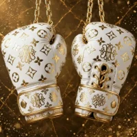 Premium White Gold Edition Boxing Gloves Luxury Monogram 24K Gold Foil Front View Hanging With Gold Chain - Combat Atelier by Nikel Sports Sialkot Custom Manufacturer