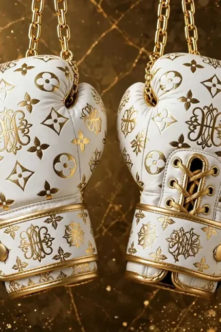 Premium White Gold Edition Boxing Gloves Luxury Monogram 24K Gold Foil Front View Hanging With Gold Chain - Combat Atelier by Nikel Sports Sialkot Custom Manufacturer