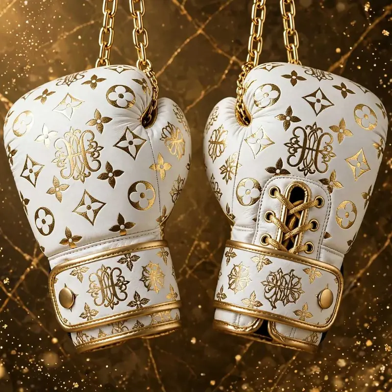Premium White Gold Edition Boxing Gloves Front View Hanging With Gold Chain - Combat Atelier Premium White Gold Edition Boxing Gloves Luxury Monogram 24K Gold Foil Front View Hanging With Gold Chain - Combat Atelier by Nikel Sports Sialkot Custom Manufacturer