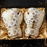 Premium White Gold Edition Boxing Gloves In Premium Black Gift Box With Gold Satin Lining Luxury Packaging - White Gold Monogram Edition - Nikel Sports