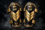 Premium Gold Foil Shin Guards Combat Atelier Design 03 V Chevron Honeycomb Gold Foil Luxury Muay Thai Edition